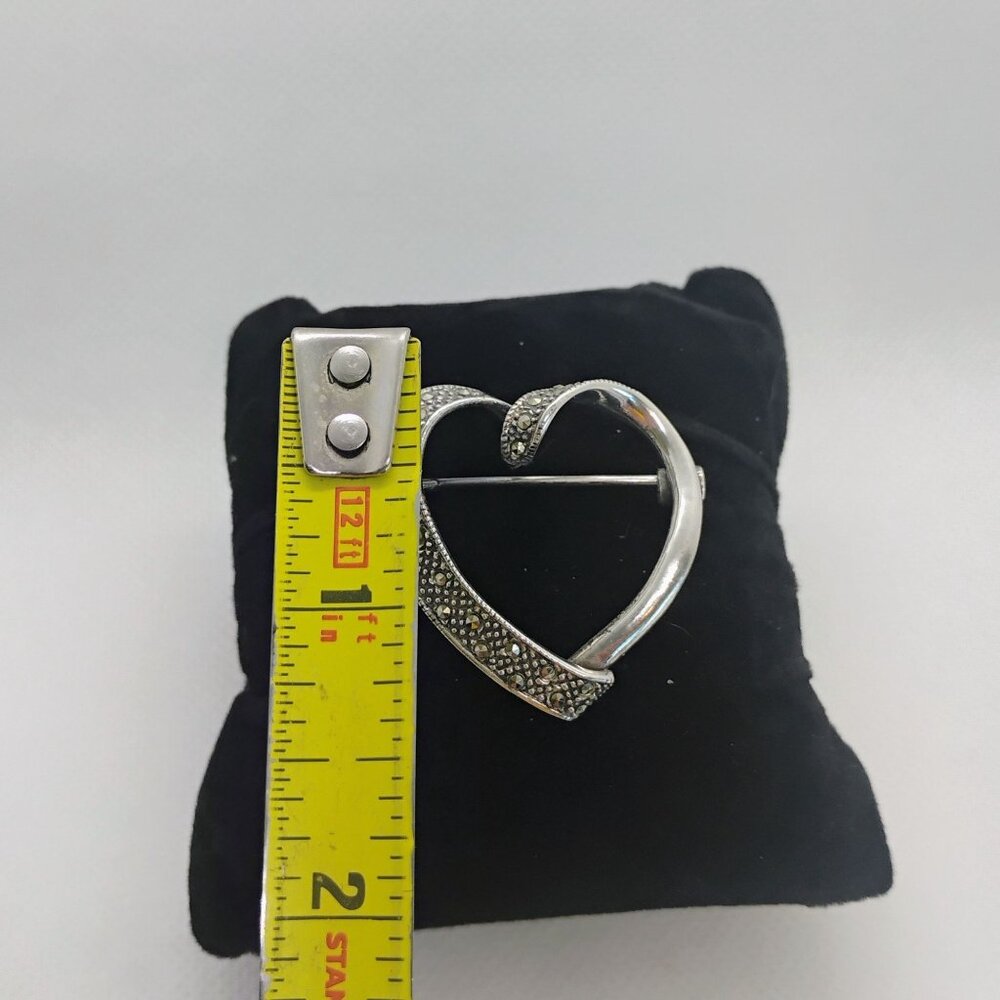 Vintage 925 Sterling Silver & Marcasite Open Heart Brooch Pin - Picture 3 of 6